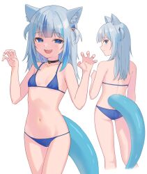 Rule 34 | 1girl, animal ear fluff, animal ears, blue eyes, blue hair, blunt bangs, breasts, butt crack, cat ears, collar, collarbone, fins, fish tail, gawr gura, hair ornament, highres, hololive, hololive english, looking at viewer, medium hair, multicolored hair, navel, nzmtarou, open mouth, shark girl, shark hair ornament, shark tail, sharp teeth, small breasts, solo, streaked hair, swimsuit, tail, teeth, two-tone hair, two side up, virtual youtuber, white background, white hair