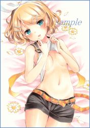 Rule 34 | 1girl, bad id, bad pixiv id, bed sheet, black shorts, blonde hair, blouse, blue eyes, blush, bow, breasts, clothes lift, colored pencil (medium), cowboy shot, hair bow, hair ornament, hairclip, kagamine rin, lifted by self, looking at viewer, lying, marker (medium), medium breasts, navel, on back, open mouth, parted lips, potto, sample watermark, shirt, shirt lift, short hair, shorts, sleeveless, sleeveless shirt, smile, solo, suspenders, swept bangs, thighs, traditional media, vocaloid, watermark, wavy hair, white bow