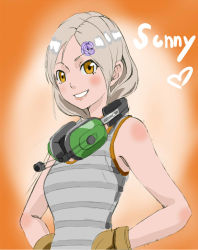 Rule 34 | 1girl, blush, breasts, brown eyes, commentary request, flower, gloves, hair flower, hair ornament, hairclip, headset, lips, looking at viewer, medium hair, metal gear (series), metal gear rising: revengeance, silver hair, smile, solo, striped, sunny gurlukovich, tank top