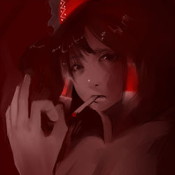 Rule 34 | 1girl, bad id, bad pixiv id, bare shoulders, cigarette, female focus, hakurei reimu, hand gesture, miatsushi, money gesture, muted color, prostitution, smoking, solo, touhou