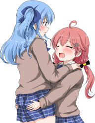 Rule 34 | 2girls, ahoge, black bow, blue bow, blue eyes, blue hair, blue skirt, blush, bow, brown sweater, closed eyes, collared shirt, commentary request, hair between eyes, hair bow, hair ornament, hololive, hoshimachi suisei, long sleeves, low twintails, micomet (hololive), multiple girls, one side up, open mouth, oshiruko (uminekotei), parted lips, pleated skirt, red hair, sakura miko, shirt, simple background, skirt, sweater, twintails, virtual youtuber, white background, white shirt