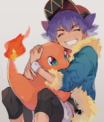 Rule 34 | 1boy, aged down, baseball cap, black leggings, black shirt, blue jacket, blush, charmander, closed eyes, commentary request, creatures (company), eyelashes, fire, flame-tipped tail, fur-trimmed jacket, fur trim, game freak, gen 1 pokemon, green eyes, grin, hat, jacket, leggings, leon (pokemon), male focus, nintendo, pokemon, pokemon (creature), pokemon swsh, red headwear, shirt, shorts, siomeronpan17, sleeves past elbows, smile, teeth, white shorts, wristband