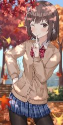 Rule 34 | 1girl, autumn, autumn leaves, black pantyhose, blue skirt, blurry, blurry background, blush, bow, braid, brown cardigan, brown eyes, brown hair, cardigan, closed mouth, collared shirt, cowboy shot, hair ribbon, hand on own hip, highres, kamiyama high school uniform (project sekai), leaf, looking at viewer, one eye closed, outdoors, pantyhose, plaid, plaid skirt, pleated skirt, project sekai, red bow, ribbon, school uniform, shinonome ena, shirt, short hair, skirt, solo, striped, striped bow, surrender (surren2019), white ribbon, white shirt
