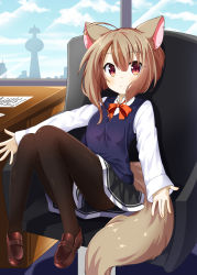 Rule 34 | 1girl, absurdres, animal ears, black pantyhose, bow, bowtie, brown hair, chaakusu, chair, ear piercing, fennery, fennery (show by rock!!), fox ears, fox tail, highres, indoors, long sleeves, miniskirt, office chair, pantyhose, paper, piercing, short hair, show by rock!!, sitting, skirt, smile, swivel chair, tail, vest