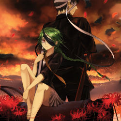 Rule 34 | 1boy, 1girl, album cover, back-to-back, bandages, barefoot, black hair, braid, cloud, cover, covering privates, covering face, covering own eyes, eyepatch, flower, glowing, glowing petals, green hair, long hair, necktie, original, petals, red eyes, short hair, sitting, sky, spider lily, standing, torihara shuu, torishima