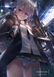 Rule 34 | 1girl, black coat, black necktie, bolt action, can, cheytac m200, coat, collared shirt, cowboy shot, drinking straw, girls&#039; frontline, gloves, gun, hair between eyes, headphones, highres, holding, holding can, hood, hooded coat, jacket, janyhero, looking at viewer, m200 (girls&#039; frontline), mouth hold, necktie, night, open clothes, open coat, panties, patreon username, pleated skirt, ponytail, purple eyes, rifle, scope, shirt, sidelocks, silver hair, skirt, sniper rifle, solo, underwear, untucked shirt, weapon, white panties, white shirt
