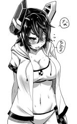 Rule 34 | 10s, 1girl, bad id, bad pixiv id, bikini, blush, breasts, cleavage, eyepatch, female focus, greyscale, groin, headgear, jacket, kantai collection, large breasts, monochrome, navel, open clothes, open jacket, simple background, solo, sweat, swimsuit, tenryuu (kancolle), white background, yukinojou yakan