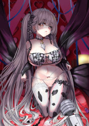 Rule 34 | 1girl, absurdres, alternate costume, animal print, azur lane, between breasts, blue ribbon, blush, bra, breasts, brown eyes, censored, cleavage, cow girl, cow print, formidable (azur lane), grey panties, groin, hair between eyes, hair ornament, heart, heart-shaped pupils, heart in eye, highres, large breasts, lingerie, long hair, looking at viewer, navel, panties, pussy juice, red eyes, ribbon, sex toy, shaded face, sitting, solaris (sinhyg), solo, symbol-shaped pupils, symbol in eye, twintails, underwear, very long hair, vibrator