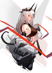 Rule 34 | 1girl, arknights, bare shoulders, breasts, closed mouth, ear piercing, from side, grey hair, hair between eyes, hammer, highres, holding, horns, jumpsuit, long hair, looking at viewer, looking to the side, material growth, medium breasts, mudrock (arknights), oripathy lesion (arknights), piercing, pointy ears, red eyes, sledgehammer, solo, white jumpsuit, yacchi (yxxrem)