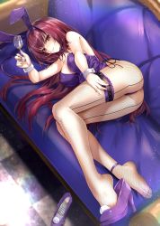 Rule 34 | 1girl, animal ears, ass, bare shoulders, blush, breasts, commentary request, couch, cup, drinking glass, fake animal ears, fate/grand order, fate (series), feet, fishnet pantyhose, fishnets, unworn footwear, full body, hair between eyes, hand on own leg, hane yuki, highres, holding, holding cup, large breasts, leotard, light particles, long hair, looking at viewer, lying, official alternate costume, on side, pantyhose, parted lips, playboy bunny, purple hair, purple leotard, purple neckwear, rabbit ears, red eyes, scathach (fate), scathach (piercing bunny) (fate), shoe dangle, shoes, unworn shoes, single shoe, solo, thigh strap, thighs, wine glass, wrist cuffs