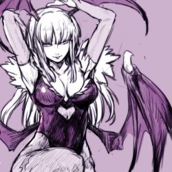 Rule 34 | 1girl, armpits, blunt bangs, breasts, bridal gauntlets, capcom, cleavage cutout, closed mouth, clothing cutout, commentary request, elbow gloves, gloves, hands up, head wings, highleg, highleg leotard, hungry clicker, large breasts, leotard, long hair, low wings, monochrome, morrigan aensland, pantyhose, purple background, purple theme, simple background, smile, solo, standing, vampire (game), wings