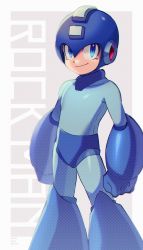 Rule 34 | 1boy, absurdres, android, arms at sides, artist name, blue bodysuit, blue eyes, blue headwear, bodysuit, border, character name, closed mouth, commentary request, copyright name, dated, grey background, helmet, highres, male focus, outside border, mega man (series), mega man (character), mega man (classic), simple background, smile, solo, standing, twitter username, white border, zero-go