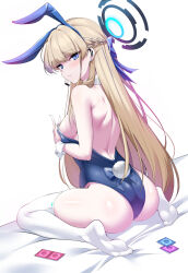 Rule 34 | 1girl, absurdres, animal ears, ass, bare shoulders, blonde hair, blue archive, blue eyes, blue leotard, breasts, condom, detached collar, elze (s01047480836), fake animal ears, halo, highres, leotard, long hair, looking at viewer, medium breasts, official alternate costume, playboy bunny, rabbit ears, sitting, soles, solo, strapless, strapless leotard, thighhighs, thighs, toki (blue archive), toki (bunny) (blue archive), very long hair, wariza, wrist cuffs