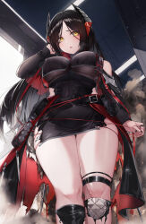 Rule 34 | 1girl, absurdres, arknights, black hair, black nails, black shirt, black skirt, breasts, cowboy shot, cross-shaped pupils, demon horns, detached sleeves, headhunting permit (arknights), highres, horns, ines (arknights), long hair, long sleeves, medium breasts, mole, mole under eye, nail polish, open mouth, parted bangs, shirt, sidelocks, skirt, solo, sweat, symbol-shaped pupils, thighs, two-sided shirt, very long hair, wet, yellow eyes, zayur