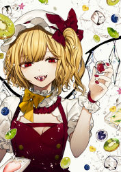 Rule 34 | 1girl, :d, absurdres, blonde hair, blueberry, bow, bowtie, breasts, cleavage, collar, commentary request, crystal, daimaou ruaeru, dress, fangs, flandre scarlet, food, frilled collar, frills, fruit, grapes, hand up, hat, hat bow, highres, ice, ice cube, kiwi (fruit), kiwi slice, leaf, looking at viewer, mob cap, nail polish, one side up, open mouth, puffy short sleeves, puffy sleeves, red bow, red dress, red eyes, red nails, shirt, short hair, short sleeves, smile, solo, touhou, upper body, white background, white hat, white shirt, wings, wrist cuffs, yellow bow, yellow bowtie