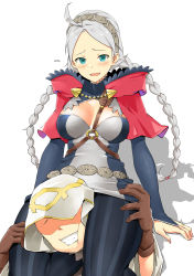 Rule 34 | 1boy, 1girl, absurdres, ahoge, blue eyes, braid, commission, commissioner upload, fire emblem, fire emblem fates, fire emblem heroes, gloves, grey hair, hairband, hand on another&#039;s thigh, hand on thighs, head between thighs, highres, igni tion, kiran (fire emblem), kiran (male) (fire emblem), nina (fire emblem), nintendo, open mouth, scissorhold, thighs, twintails