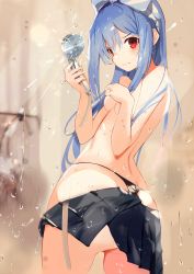 Rule 34 | 1girl, absurdres, ass, black panties, black skirt, blue bow, blue hair, blush, bow, breasts, commentary request, covering privates, covering breasts, cowboy shot, hair bow, hands up, highres, hinanawi tenshi, holding, indoors, long hair, looking at viewer, miniskirt, no headwear, panties, red eyes, shower head, sidelocks, skirt, small breasts, solo, standing, tetsurou (fe+), topless, touhou, twisted torso, underwear, water drop