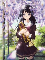 Rule 34 | 1girl, album cover, black hair, black thighhighs, blurry, blurry foreground, blush, brown shirt, brown skirt, closed mouth, cover, flower, hands up, hibike! euphonium, highres, holding, holding instrument, ikeda shouko, instrument, kitauji high school uniform, kousaka reina, long hair, long sleeves, looking at viewer, neckerchief, official art, pleated skirt, purple eyes, purple flower, red neckerchief, sailor collar, school uniform, serafuku, shirt, skirt, smile, solo, standing, thighhighs, trumpet, white sailor collar, zettai ryouiki
