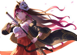 Rule 34 | 1girl, bandeau, bare shoulders, black hair, brown eyes, cherry blossoms, collarbone, commentary request, drawing sword, fingernails, gradient hair, gurenge, haori, highres, holding, holding sword, holding weapon, japanese clothes, jewelry, katana, kimetsu no yaiba, lisa (singer), long hair, mask, mask on head, multicolored hair, nail polish, necklace, oni mask, petals, purple hair, red nails, sarashi, sheath, solo, sword, unsheathing, virtual youtuber, weapon, wedo
