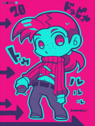 Rule 34 | 1boy, belt, chibi, chibi only, freckles, full body, holding, jojo no kimyou na bouken, kotorai, limited palette, long sleeves, looking at viewer, midriff, navel, pants, pink background, pink theme, ponytail, pursed lips, ribbed sweater, signature, solo, sweater, translation request, vinegar doppio