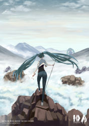 Rule 34 | 2girls, absurdres, anniversary, aqua hair, ass, black shirt, black skirt, blouse, blue hair, casual, chinese commentary, cloud, cloudy sky, commentary, denim, detached sleeves, fog, hachune miku, hair ornament, hatsune miku, highres, hiking, holding, holding microphone, holding staff, jacket, jeans, long hair, microphone, mountain, mountainous horizon, multiple girls, necktie, outdoors, pants, parody, scenery, shirt, shoes, skirt, sky, sneakers, staff, standing, twintails, very long hair, vocaloid, wanderer above the sea of fog, watabee, white jacket