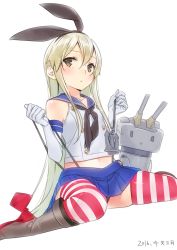 Rule 34 | 10s, 1girl, 2016, ama mitsuki, anchor, anchor hair ornament, black panties, blonde hair, blush, brown eyes, crop top, dated, elbow gloves, frontal wedgie, gloves, hair ornament, hairband, kantai collection, long hair, looking at viewer, miniskirt, panties, panty tug, rensouhou-chan, sailor collar, shimakaze (kancolle), simple background, sitting, skirt, solo, striped clothes, striped thighhighs, thighhighs, underwear, wariza, wedgie, white background, white gloves