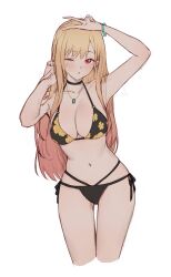Rule 34 | 1girl, ;o, arm up, bare arms, bead bracelet, beads, bikini, black bikini, black choker, blonde hair, blush, bracelet, breasts, brown hair, choker, cleavage, collarbone, cropped legs, floral print, highres, jewelry, kitagawa marin, large breasts, long hair, looking at viewer, multicolored hair, navel, necklace, one eye closed, red eyes, simple background, solo, sono bisque doll wa koi wo suru, sooon, stomach, swimsuit, v