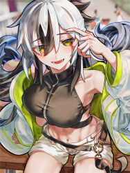 Rule 34 | 1girl, bare shoulders, black hair, breasts, coat, crop top, cropped shirt, fate/grand order, fate (series), green coat, green eyes, hair between eyes, huo ting, jacket, linea alba, long hair, long sleeves, looking at viewer, midriff, multicolored clothes, multicolored coat, multicolored hair, multicolored jacket, nagao kagetora (fate), navel, open clothes, shirt, shorts, smile, solo, striped clothes, striped jacket, toned, toned female, two-tone hair, two-tone jacket, uesugi kenshin (fate), uesugi kenshin (second ascension) (fate), white hair, white jacket, white shorts
