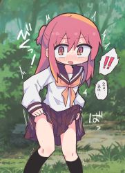 Rule 34 | !, !!, 1girl, black socks, blush, brown sailor collar, brown skirt, bush, clothes lift, day, embarrassed, female focus, flat chest, grass, green background, have to pee, highres, japanese text, lifted by self, long hair, long sleeves, looking at viewer, matching hair/eyes, miniskirt, motion lines, neckerchief, nose blush, one side up, orange neckerchief, original, outdoors, panties, pleated skirt, red eyes, red hair, sailor collar, school uniform, serafuku, shirt, sidelocks, skirt, skirt lift, socks, solo, speech bubble, spoken exclamation mark, sweat, talking, translated, tree, trembling, underwear, white panties, white shirt, wide-eyed, yunomimochi