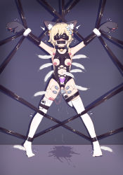 Rule 34 | 1girl, absurdres, animal ears, bdsm, bell, blindfold, blonde hair, bondage, bound, bound arms, bound legs, collar, fake animal ears, feathers, full body, gagged, genshin impact, gloves, highres, lumine (genshin impact), no shoes, pet play, pubic tattoo, pussy juice, pussy juice puddle, sex toy, slave, solo, standing, tattoo, thighhighs, tickling, vibrator, white thighhighs, xiao chai hu