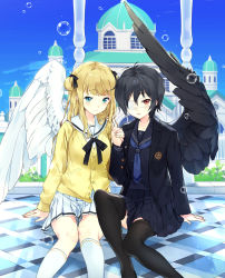 Rule 34 | 2girls, arm support, black bow, black hair, black jacket, black sailor collar, black serafuku, black shirt, black skirt, black socks, black wings, blazer, blonde hair, blue eyes, blue neckwear, blue sky, blush, bow, bubble, cardigan, closed mouth, commentary request, day, double bun, eyepatch, feathered wings, fingernails, hair between eyes, hair bun, highres, holding hands, jacket, kneehighs, long hair, long sleeves, looking at viewer, macciatto (aciel02), medical eyepatch, multiple girls, necktie, open clothes, open jacket, original, outdoors, palace, parted lips, red eyes, sailor collar, school uniform, serafuku, shirt, short hair, side bun, single side bun, single wing, sitting, skirt, sky, smile, socks, thighhighs, white legwear, white sailor collar, white shirt, white skirt, white wings, wings, yellow cardigan, yuri