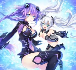 Rule 34 | 10s, 2girls, :d, absurdres, aqua eyes, armpits, bare shoulders, black heart (neptunia), black legwear, blue eyes, blush, boots, braid, breasts, cleavage, cleavage cutout, clothing cutout, covered navel, elbow gloves, emblem, expressionless, floating hair, from side, game cg, gloves, glowing, gradient background, grey legwear, hair between eyes, hair ornament, halterneck, high heels, highres, hip focus, kami jigen game neptune v, large breasts, leaning forward, leg lift, leotard, light particles, logo, long hair, looking at viewer, magical girl, multiple girls, neptune (neptunia), neptune (series), noire (neptunia), non-web source, official art, open mouth, outstretched arms, power symbol, power symbol-shaped pupils, purple hair, purple heart (neptunia), sideboob, smile, spread arms, symbol-shaped pupils, thigh boots, thighhighs, tsunako, twin braids, twintails, vambraces, very long hair, white hair