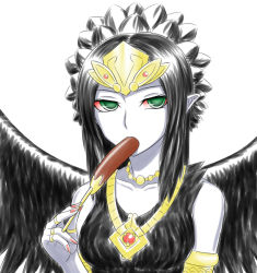 Rule 34 | 1girl, armband, bare shoulders, black dress, black hair, black wings, collarbone, colored sclera, colored skin, dress, duel monster, eating, emblem, expressionless, fabled grimro, feathers, female focus, fingernails, food, green eyes, holding, jewelry, long fingernails, long hair, looking at viewer, lots of jewelry, monster girl, multicolored eyes, nail polish, necklace, pataneet, pointy ears, red nails, red sclera, ring, sausage, simple background, solo, stick, tiara, updo, upper body, white background, white skin, wings, yu-gi-oh!, yu-gi-oh! duel monsters