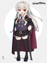 Rule 34 | 1girl, :d, black footwear, black skirt, black thighhighs, cape, collared shirt, commentary, commission, full body, fur-trimmed cape, fur trim, grey hair, highres, jacket, katana, kuro kosyou, long hair, looking at viewer, necktie, open mouth, original, pleated skirt, purple cape, purple jacket, red eyes, red necktie, sharp teeth, sheath, sheathed, shirt, shoes, skeb commission, skirt, smile, solo, standing, sword, teeth, thighhighs, very long hair, weapon, white shirt
