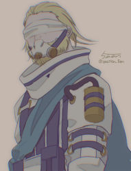 Rule 34 | 1boy, 5-en, animification, apex legends, bad id, bad pixiv id, beard, beige background, blonde hair, blue scarf, cable, caustic (apex legends), covered eyes, divine right caustic, facial hair, facing viewer, gas mask, hair behind ear, hair slicked back, highres, jacket, male focus, mask, scarf, solo, upper body, white blindfold, white jacket