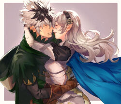 1boy 1girl black_hair black_hairband blue_cape cape closed_mouth corrin_(female)_(fire_emblem) corrin_(fire_emblem) couple fire_emblem fire_emblem_fates gloves hairband hashiko_(neleven) hetero imminent_kiss mature_male multicolored_hair nintendo open_mouth pointy_ears shura_(fire_emblem) two-tone_hair upper_body white_hair