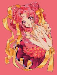Rule 34 | 1990s (style), 1girl, amaharu wasure, double bun, dress, fingers together, frilled dress, frills, hair bun, highres, jewelry, lipstick, looking at viewer, makeup, nail polish, necklace, original, parted bangs, pendant, pink eyes, pink hair, purple nails, red lips, retro artstyle, ribbon, simple background, solo, yellow ribbon
