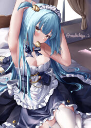 Rule 34 | 1girl, absurdres, adjusting hair, apron, arm up, armpits, azur lane, blue hair, breasts, clam shell, cleavage, detached collar, dress, frilled apron, frilled dress, frilled skirt, frills, garter straps, highres, large breasts, maid, maid headdress, makihige, medium breasts, mouth hold, neck ribbon, neptune (azur lane), on bed, ribbon, shell hair ornament, sitting, skirt, solo, strapless, strapless dress, thighhighs, wariza, white thighhighs