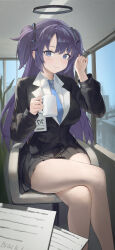 Rule 34 | 1girl, absurdres, black c (net dust), black skirt, blue archive, blue necktie, blush, breasts, chair, closed mouth, collared shirt, crossed legs, cup, feet out of frame, formal, halo, highres, holding, holding cup, indoors, large breasts, long hair, looking at viewer, mechanical halo, necktie, paper, purple eyes, purple hair, shirt, sitting, skirt, smile, solo, suit, two side up, white shirt, yuuka (blue archive)