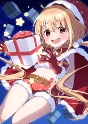Rule 34 | 1girl, belt, blonde hair, brown belt, cape, christmas, commentary, crop top, elbow gloves, floating, fur-trimmed cape, fur-trimmed shirt, fur-trimmed shorts, fur trim, futaba anzu, gift, gloves, highres, idolmaster, idolmaster cinderella girls, long hair, looking at viewer, low twintails, micro shorts, midriff, navel, night, nonono (1399900), open mouth, outdoors, red cape, red eyes, red gloves, red headwear, red shirt, red shorts, santa costume, santa gloves, shirt, shorts, smile, solo, star (symbol), twintails, very long hair