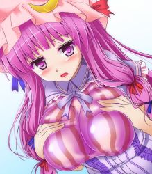 Rule 34 | 1girl, blue bow, blue ribbon, blush, bow, breast suppress, breasts, crescent, crescent hair ornament, female focus, hair ornament, hair ribbon, hat, hat ribbon, honda takaharu, large breasts, long hair, open mouth, patchouli knowledge, purple eyes, purple hair, red bow, red ribbon, ribbon, solo, touhou, white background