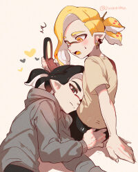 Rule 34 | 2boys, artist name, black hair, blonde hair, blush, closed mouth, commentary request, earrings, ed (jinko), fangs, grey eyes, grey sweater, heart, highres, holding, holding phone, inkling, inkling boy, inkling player character, jewelry, jinkobanana, lying, male focus, multiple boys, nintendo, on side, open mouth, phone, pointy ears, ponytail, shirt, short hair, simple background, sitting, splatoon (series), sweat, sweater, tentacle hair, white background, white shirt, yaoi, yellow eyes