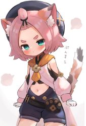 Rule 34 | 1girl, :&lt;, animal ear fluff, animal ears, bangs pinned back, belt, belt pouch, black shorts, blush, cat ears, cat girl, cat tail, clenched hands, commentary request, detached sleeves, diona (genshin impact), genshin impact, gloves, green eyes, hair ribbon, hat, highres, konununui, looking at viewer, navel, paw print, pink hair, pouch, ribbon, short hair, shorts, sidelocks, simple background, sketch, solo, tail, tears, translation request, white background, white gloves