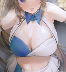 Rule 34 | 1girl, asuna (blue archive), blue archive, blush, breasts, brown hair, cleavage, commentary, criss-cross halter, detached collar, halterneck, highres, indoors, large breasts, long hair, looking at viewer, millennium cheerleader outfit (blue archive), navel, open mouth, pleated skirt, pom pom (cheerleading), ponytail, purple eyes, ryuuji teitoku, skirt, solo, sports bra, standing, steam, stomach, sweat, teeth, tongue, very long hair, white skirt, white sports bra