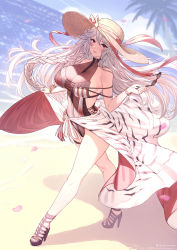 Rule 34 | 1girl, bare shoulders, beach, between breasts, blush, bracelet, braid, breasts, cleavage, commentary request, day, unworn eyewear, full body, granblue fantasy, hat, hat ribbon, high heels, highres, holding, holding removed eyewear, jewelry, long hair, looking at viewer, magisa (granblue fantasy), nail polish, outdoors, palm tree, red eyes, ribbon, sarong, see-through, see-through cleavage, smile, solo, straw hat, sunglasses, sunlight, thigh strap, thighs, tree, very long hair, walking, water, white hair, yellowpaint.