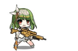 Rule 34 | alternate hair length, alternate hairstyle, animated, animated gif, assault rifle, chibi, daisy (flower), dress, flower, full body, g28 (girls&#039; frontline), g28 (moonlight and emerald) (girls&#039; frontline), girls&#039; frontline, green hair, gun, h&amp;k g28, hair ornament, happy, holding, holding weapon, lowres, official alternate costume, official art, rifle, simple background, smile, solo, tagme, ushi (newrein), weapon, white background, white dress