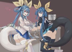 Rule 34 | 2girls, alternate color, ass, black panties, black thighhighs, blue hair, blush, bottle, box, breasts, butt crack, candy, cooking, cup, dizzy (guilty gear), dual persona, food, frilled shirt, frills, gloves, guilty gear, guilty gear xrd, hair between eyes, hair ribbon, hair rings, heart, highres, indoors, kitchen, ladle, large breasts, long sleeves, monster girl, multiple girls, oeillet vie, open mouth, panties, plate, pot, red eyes, ribbon, shirt, short sleeves, sidelocks, tail, tail ornament, tail ribbon, thick thighs, thighhighs, thighs, tongue, tongue out, twintails, twitter username, underwear, wedgie, white gloves, white panties, white thighhighs, yellow ribbon