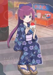 Rule 34 | 1girl, bad feet, blue bow, blue eyes, blue kimono, bow, closed mouth, cotton 1186, floral print, food, full body, hair bow, hands up, highres, holding, japanese clothes, kimono, lens flare, long hair, long sleeves, looking at viewer, monogatari (series), obi, official alternate costume, outdoors, purple hair, purple sash, sandals, sash, senjougahara hitagi, shaved ice, sidelocks, sitting, sitting on stairs, solo, stairs, summer festival, toes, twitter username, watermark, wide sleeves, yukata, zouri