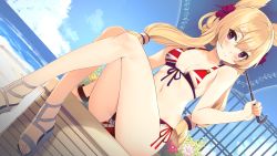 Rule 34 | 1girl, ass, azur lane, bare arms, bare shoulders, beach, bikini, blonde hair, breasts, cloud, collarbone, commission, day, dutch angle, flower, front-tie bikini top, front-tie top, hair ears, hair flower, hair ornament, highres, holding, holding umbrella, horizon, jun project, long hair, looking at viewer, navel, ocean, outdoors, print bikini, purple eyes, red flower, sandals, side-tie bikini bottom, sitting, small breasts, smile, solo, stomach, string bikini, swimsuit, thighs, umbrella, union jack, union jack bikini, warspite (azur lane), wristband