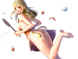 Rule 34 | 1girl, aoi mug, apron, ass, barefoot, blonde hair, breasts, bug, cockroach, crab, fish, frying pan, bug, long hair, naked apron, open mouth, panties, red eyes, sideboob, simple background, solo, suggestive fluid, underwear, worm